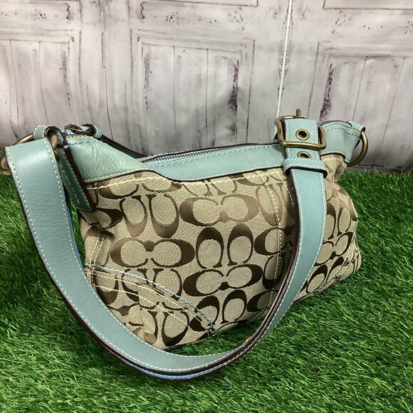 Coach Signature Brown Canvas Blue Leather Trim Bag - Picture 1 of 16
